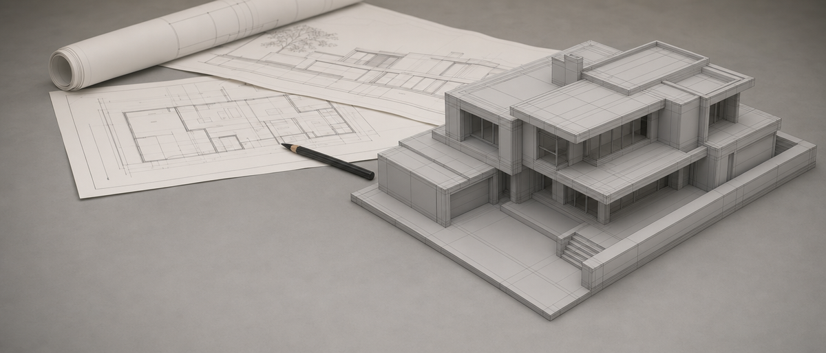 Grey clay-render building model on a desk beside printed architectural drawings