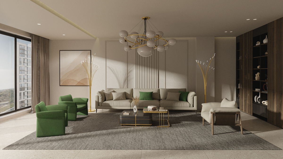 Timber & Marble Apartment — Interior visualization, Prague, Czechia