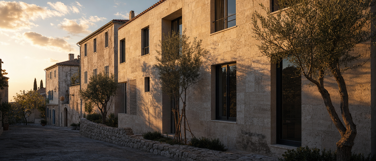 Golden-hour exterior render of a limestone-clad building on a Mediterranean street