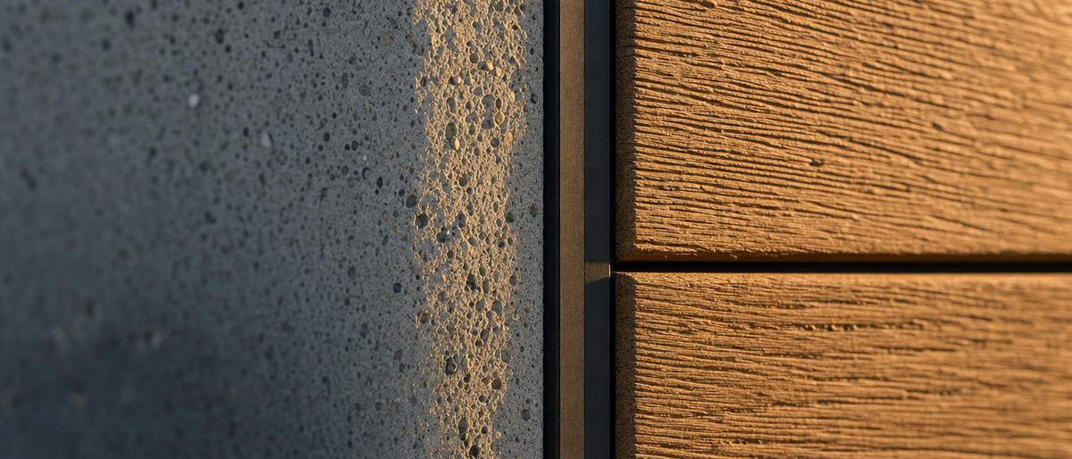 Macro detail of wood, black metal and concrete facade materials in raking light