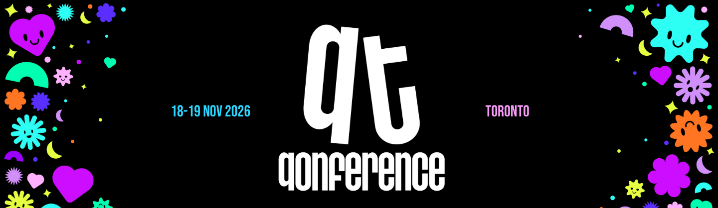 Bannière noire avec des formes et des icônes colorées et ludiques sur les bords. Le texte au centre indique « qt conference » en grandes lettres stylisées, avec « 18–19 nov. 2026 » à gauche et « Toronto » à droite.