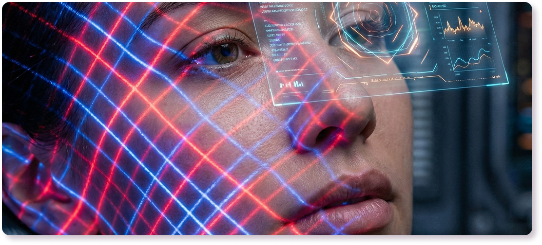 A woman with a futuristic face illuminated by blue and red lights, creating a striking and vibrant visual effect.