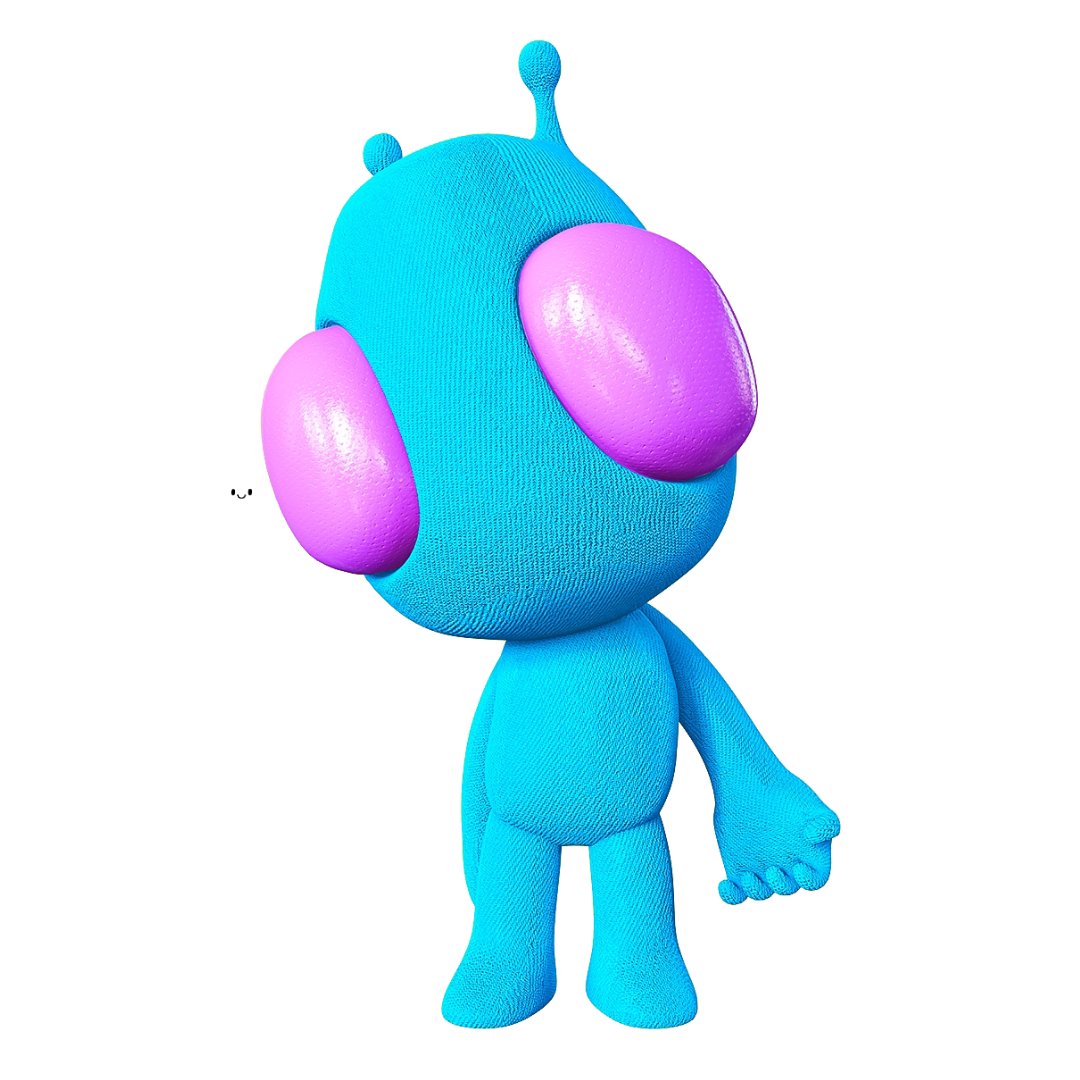Un personnage extraterrestre bleu, de style cartoon, avec un corps arrondi et de grands yeux roses proéminents. Sa peau présente des motifs vibrants en rose, jaune, orange et turquoise, rappelant des taches de léopard ou des textures abstraites. L’extraterrestre possède une petite antenne sur le dessus de la tête, des membres courts et une apparence ludique, semblable à un jouet, sur un fond uni.