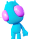 Un personnage extraterrestre bleu, de style cartoon, avec un corps arrondi et de grands yeux roses proéminents. Sa peau présente des motifs vibrants en rose, jaune, orange et turquoise, rappelant des taches de léopard ou des textures abstraites. L’extraterrestre possède une petite antenne sur le dessus de la tête, des membres courts et une apparence ludique, semblable à un jouet, sur un fond uni.