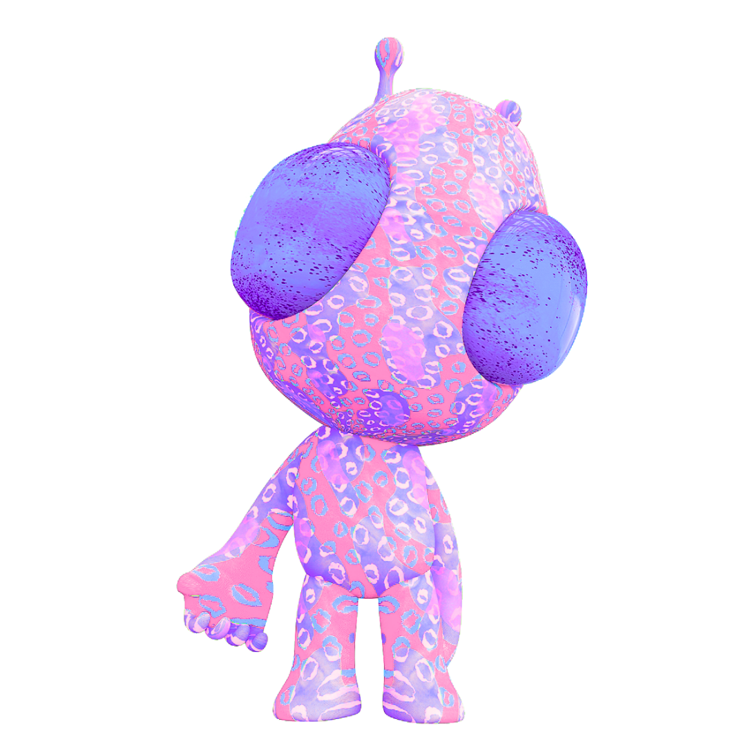 Alien ludique à pois bleus et violets, avec de grands yeux rose vif et deux antennes, souriant et faisant signe des deux mains dans un geste amical et accueillant.