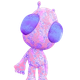 Playful blue and purple spotted alien with bright pink eyes and two antennae, smiling and waving both hands in a friendly, welcoming gesture.