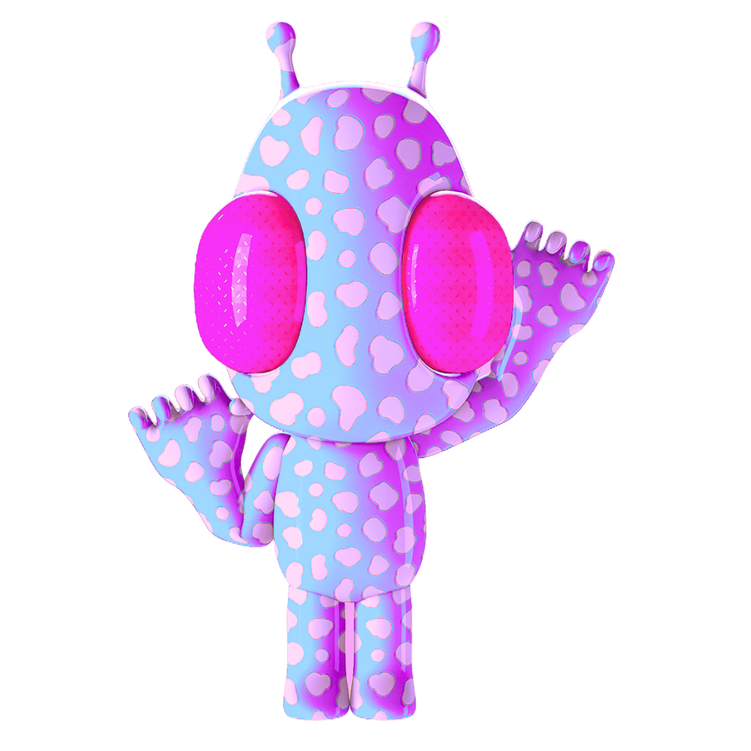Personnage extraterrestre de style cartoon, aux motifs rose pâle et violet, avec de grands yeux lavande et de petites antennes, debout dans une posture détendue, un bras légèrement tendu.