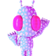 Soft pink and purple patterned alien character with large lavender eyes and small antennae, standing in a relaxed pose with one arm slightly extended.
