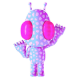 Personnage extraterrestre de style cartoon, aux motifs rose pâle et violet, avec de grands yeux lavande et de petites antennes, debout dans une posture détendue, un bras légèrement tendu.