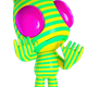 Un personnage extraterrestre coloré, de style cartoon, avec un corps arrondi et de grands yeux bleus proéminents. Sa peau présente des motifs vibrants en rose, jaune, orange et turquoise, rappelant des taches de léopard ou des textures abstraites. L’extraterrestre possède une petite antenne sur le dessus de la tête, des membres courts et une apparence ludique, semblable à un jouet, sur un fond uni.