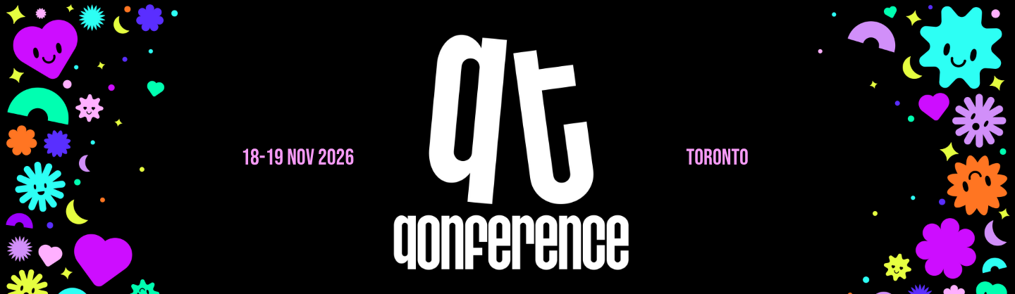 Black banner with colorful playful shapes and icons around the edges. Center text reads ‘qt conference’ in large stylized letters, with ‘18–19 Nov 2026’ on the left and ‘Toronto’ on the right.