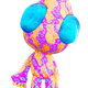 Un personnage extraterrestre coloré et de style cartoon, avec un corps arrondi et de grands yeux bleus globuleux. Sa peau présente des motifs vibrants en rose, jaune, orange et turquoise, rappelant des taches de léopard ou des textures abstraites. L’extraterrestre possède une petite antenne sur le dessus de la tête, des membres courts et une apparence ludique, semblable à un jouet, sur un fond uni.
