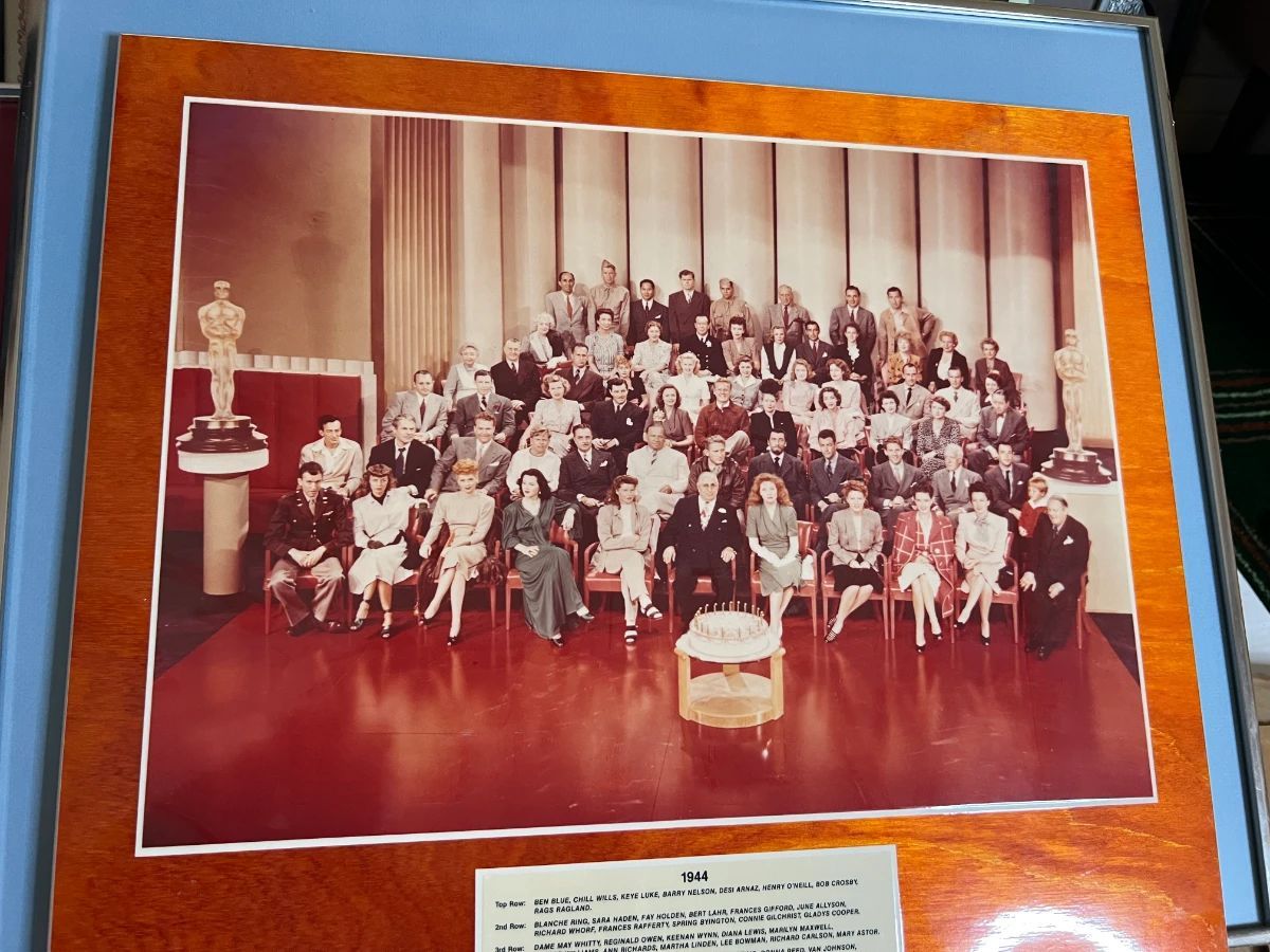 Framed 1944 Old Hollywood Academy group photograph with classic film stars from a Toluca Lake Hollywood insider estate sale.