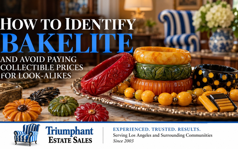 Vintage Bakelite jewelry, including colorful carved bangles, brooches and beads, displayed at an estate sale with Triumphant Estate Sales branding and the headline “How to Identify Bakelite.”