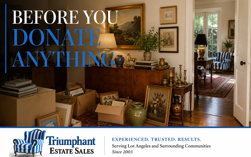 Furniture, artwork, vintage décor, books and household items inside a Los Angeles home being evaluated before an estate sale and before anything is donated.