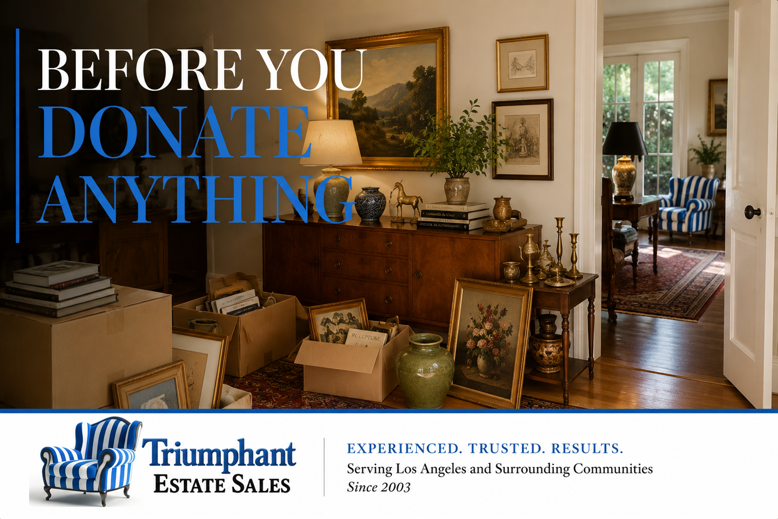 Furniture, artwork, vintage décor, books and household items inside a Los Angeles home being evaluated before an estate sale and before anything is donated.