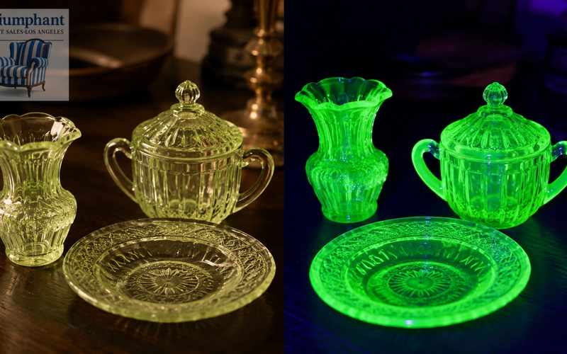 Antique uranium vaseline glass pieces showing pale yellow-green color in natural light and vivid neon green glow under UV blacklight — Triumphant Estate Sales Los Angeles