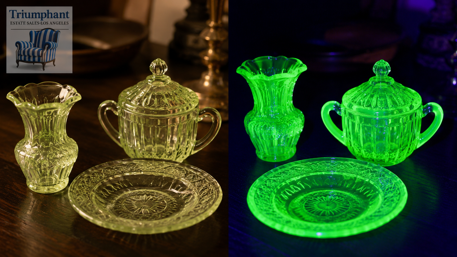 Antique uranium vaseline glass pieces showing pale yellow-green color in natural light and vivid neon green glow under UV blacklight — Triumphant Estate Sales Los Angeles