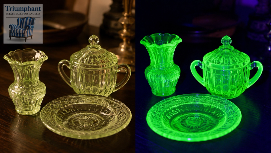 Antique uranium vaseline glass pieces showing pale yellow-green color in natural light and vivid neon green glow under UV blacklight — Triumphant Estate Sales Los Angeles