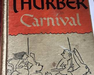 Vintage copy of Thurber Carnival book with illustrated cover, featured in a Beverly Hills estate sale book collection.