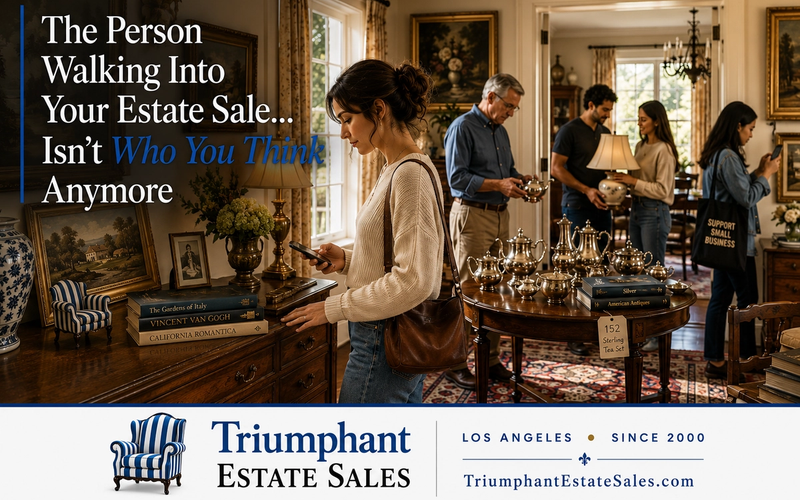 A younger shopper, collectors, and homeowners browse furniture, antiques, and artwork inside a professionally staged Los Angeles estate sale, reflecting today’s evolving estate sale buyer.