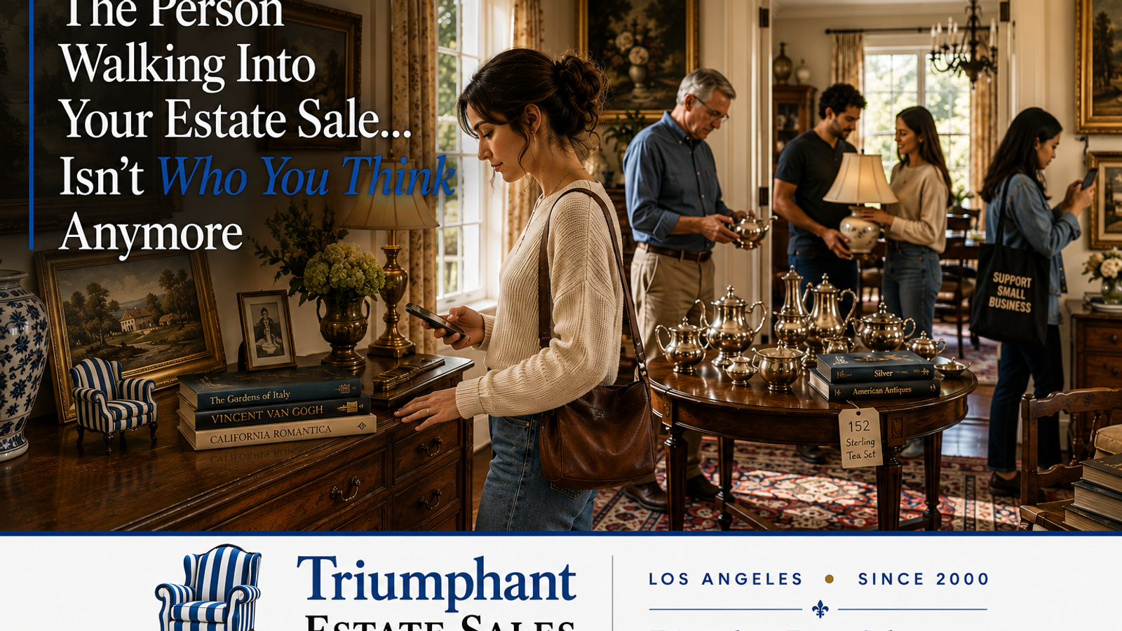A younger shopper, collectors, and homeowners browse furniture, antiques, and artwork inside a professionally staged Los Angeles estate sale, reflecting today’s evolving estate sale buyer.