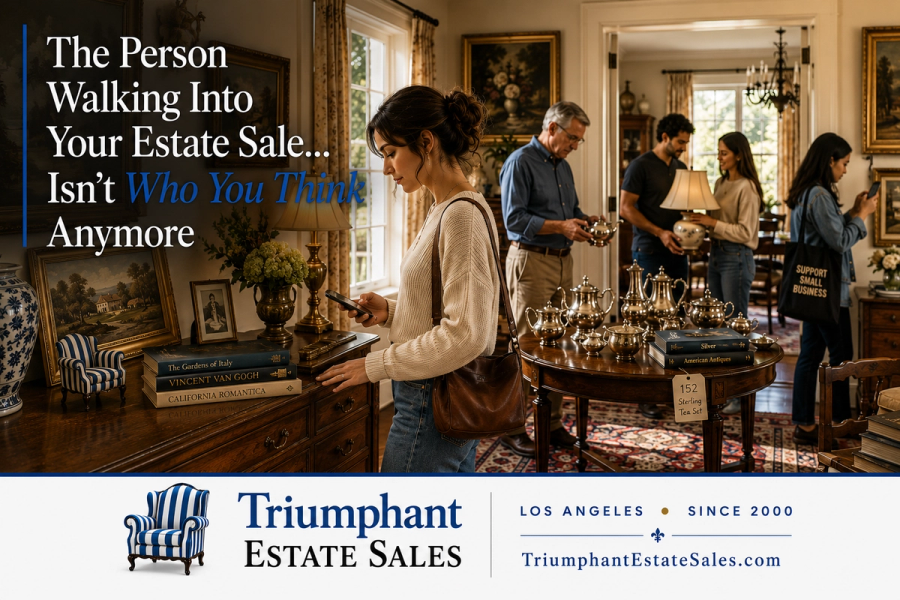 A younger shopper, collectors, and homeowners browse furniture, antiques, and artwork inside a professionally staged Los Angeles estate sale, reflecting today’s evolving estate sale buyer.