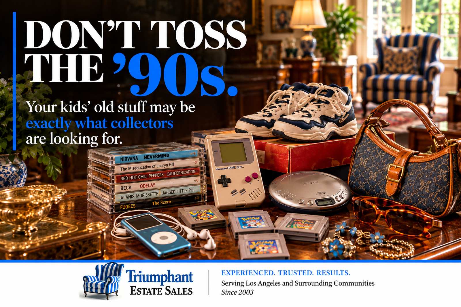 A collection of 1990s and early-2000s items including a handheld video game console, portable CD player, CDs, sneakers and a handbag arranged in a vintage Los Angeles home.