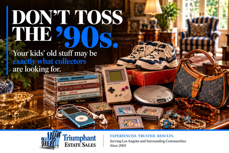 A collection of 1990s and early-2000s items including a handheld video game console, portable CD player, CDs, sneakers and a handbag arranged in a vintage Los Angeles home.