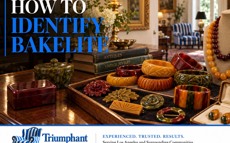 Vintage Bakelite jewelry, including colorful carved bangles, brooches and beads, displayed at an estate sale with Triumphant Estate Sales branding and the headline “How to Identify Bakelite.”