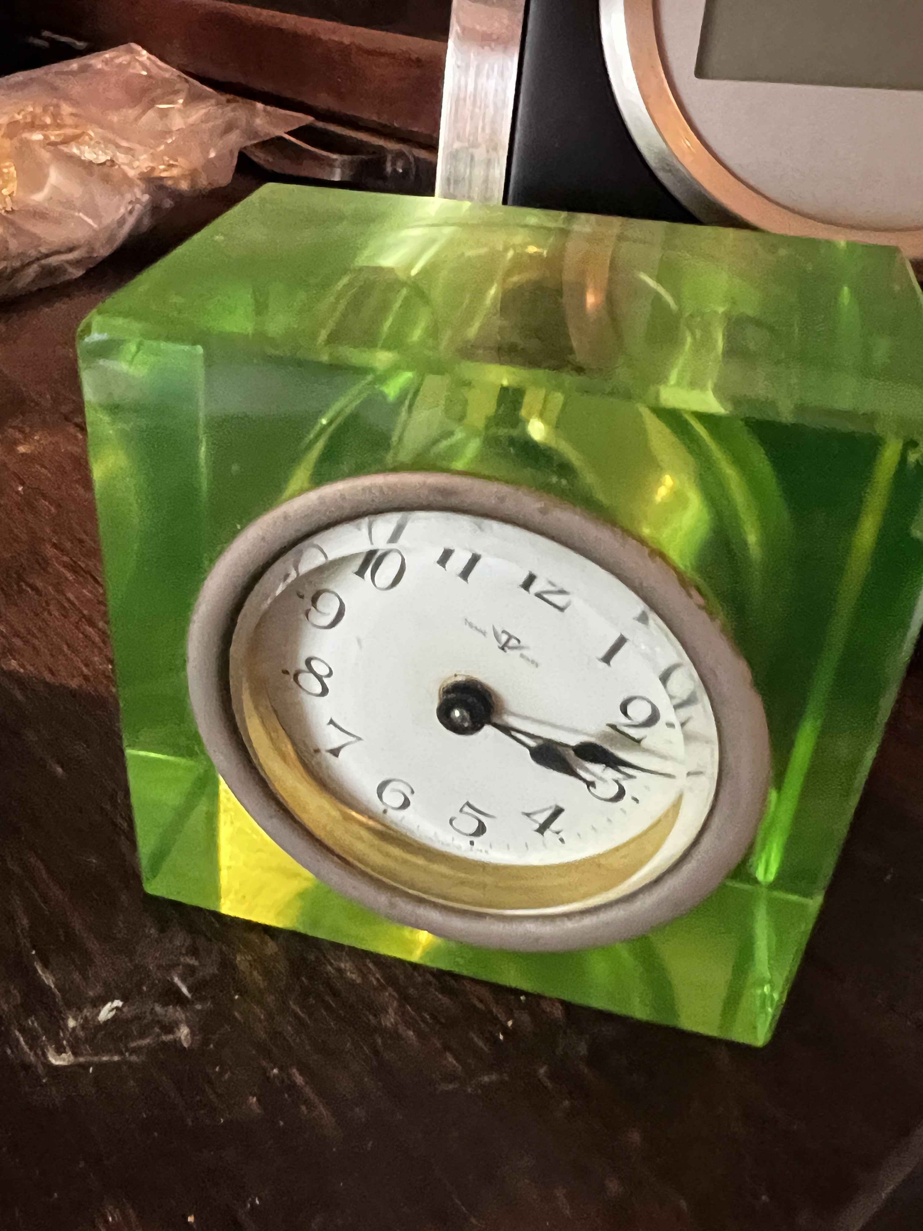 Rare green uranium glass Art Deco cube clock from a Hancock Park celebrity estate sale.