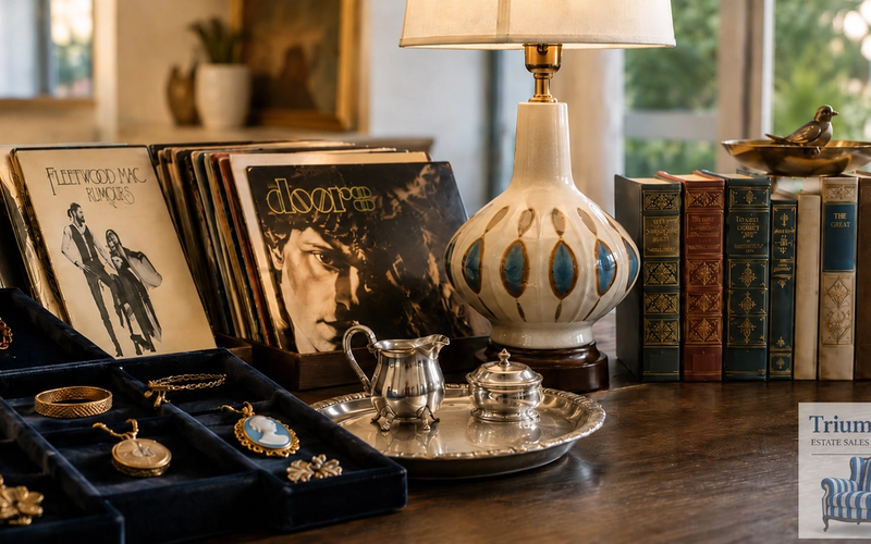 Vintage jewelry, vinyl records, mid-century ceramics, and collectible books displayed at a Los Angeles estate sale — Triumphant Estate Sales