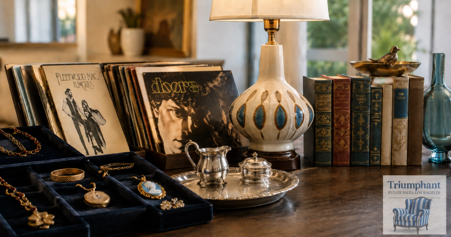 Vintage jewelry, vinyl records, mid-century ceramics, and collectible books displayed at a Los Angeles estate sale — Triumphant Estate Sales