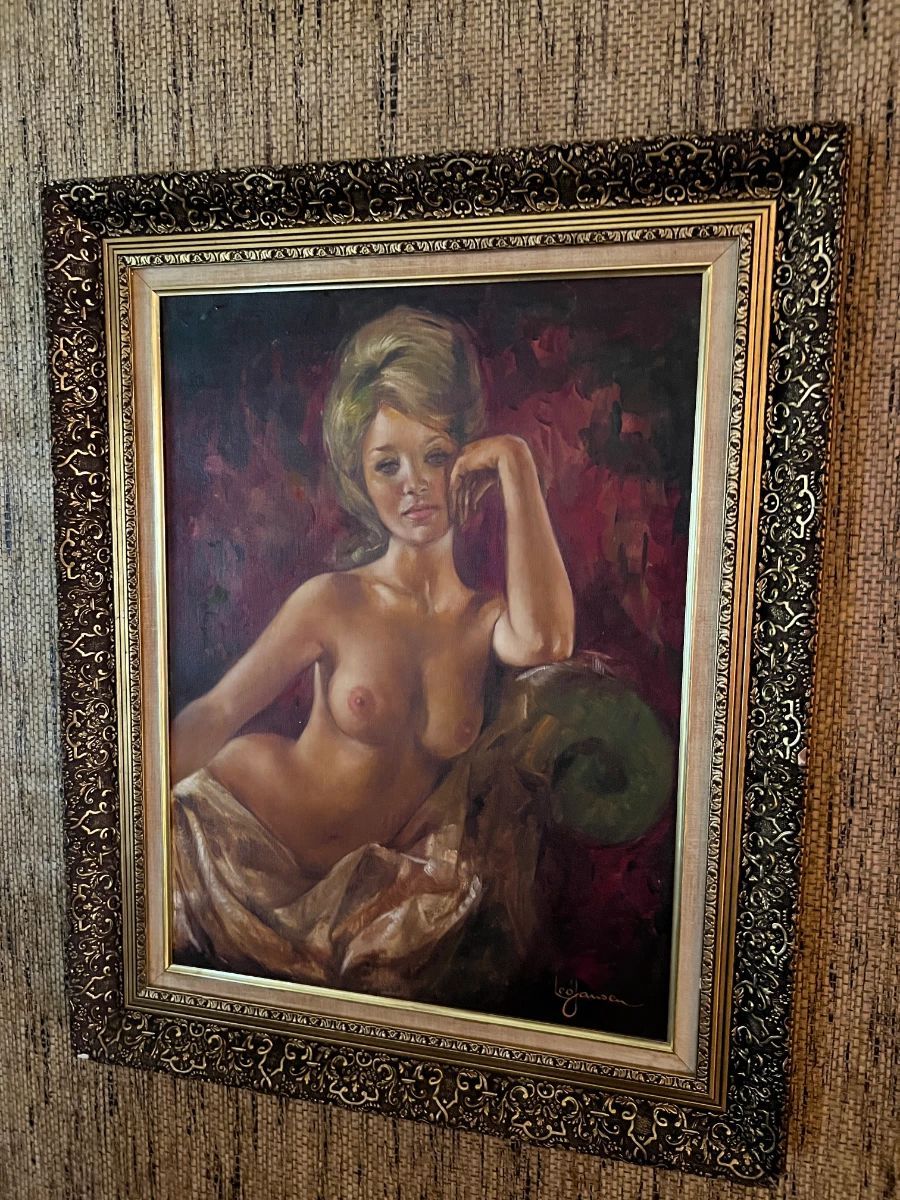 Framed vintage nude portrait painting in ornate frame from a Toluca Lake estate sale art collection.
