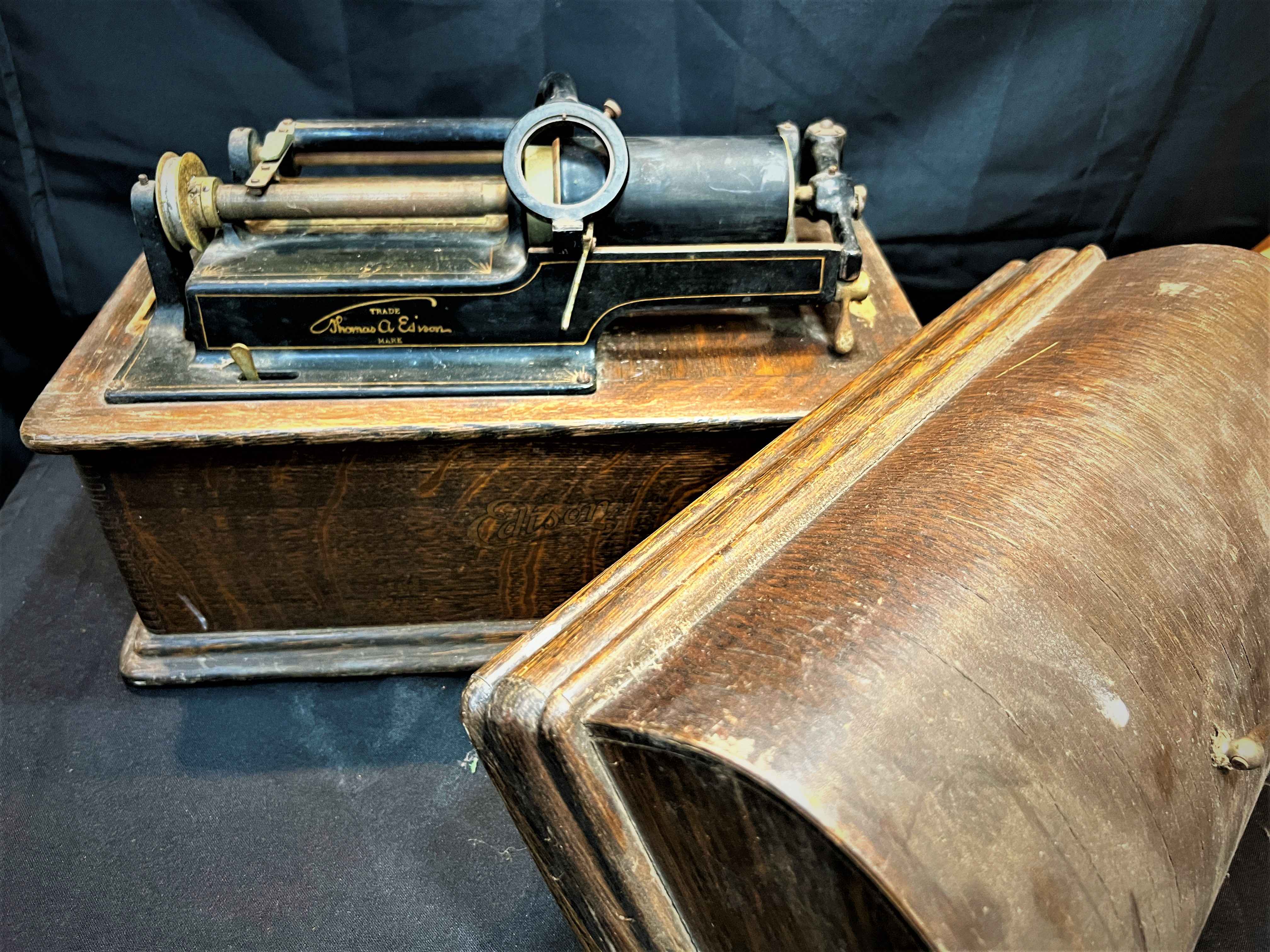 Antique Edison Home Phonograph with wood case and horn from a Hancock Park celebrity estate sale.