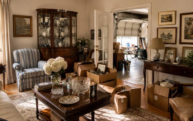 Older Los Angeles home prepared for an estate sale with household contents still intact, including furniture, a china cabinet, boxes, artwork, and garage items visible before sorting.