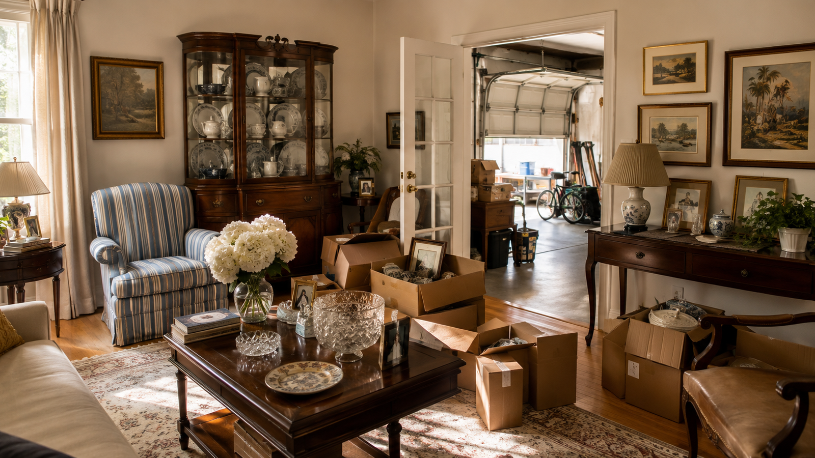 Older Los Angeles home prepared for an estate sale with household contents still intact, including furniture, a china cabinet, boxes, artwork, and garage items visible before sorting.