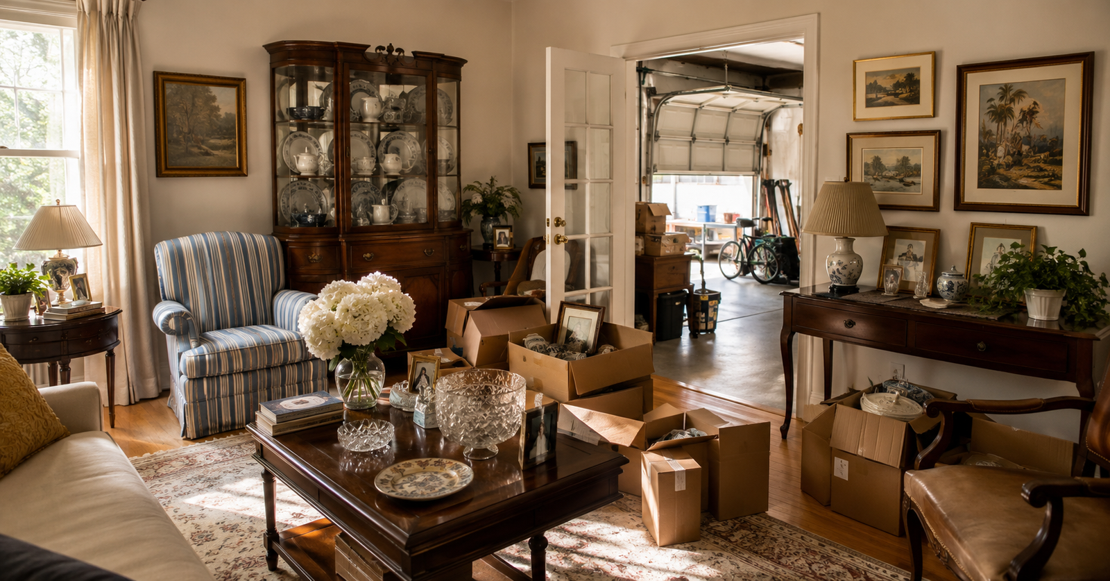 Older Los Angeles home prepared for an estate sale with household contents still intact, including furniture, a china cabinet, boxes, artwork, and garage items visible before sorting.