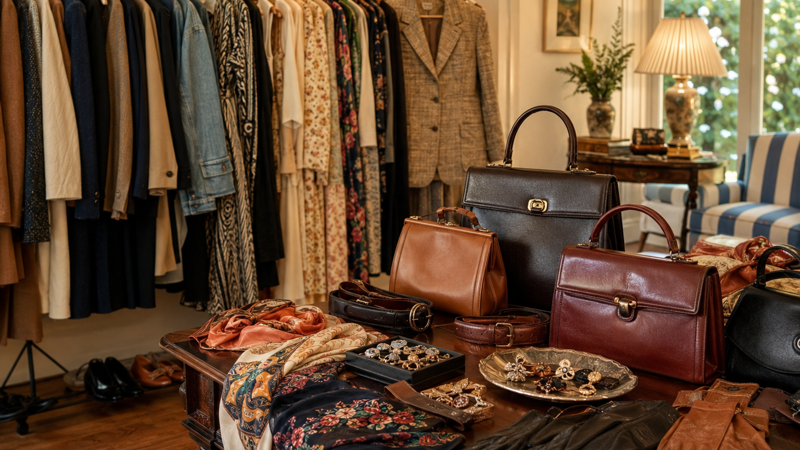 Vintage clothing and accessories staged in a warm Los Angeles estate sale room, featuring a rack of coats, dresses, blouses, and denim alongside leather handbags, scarves, belts, gloves, and jewelry on a wooden table, with a blue-and-white striped chair subtly visible in the background.