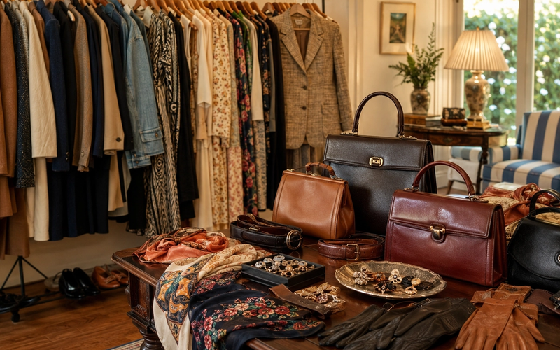 Vintage clothing and accessories staged in a warm Los Angeles estate sale room, featuring a rack of coats, dresses, blouses, and denim alongside leather handbags, scarves, belts, gloves, and jewelry on a wooden table, with a blue-and-white striped chair subtly visible in the background.