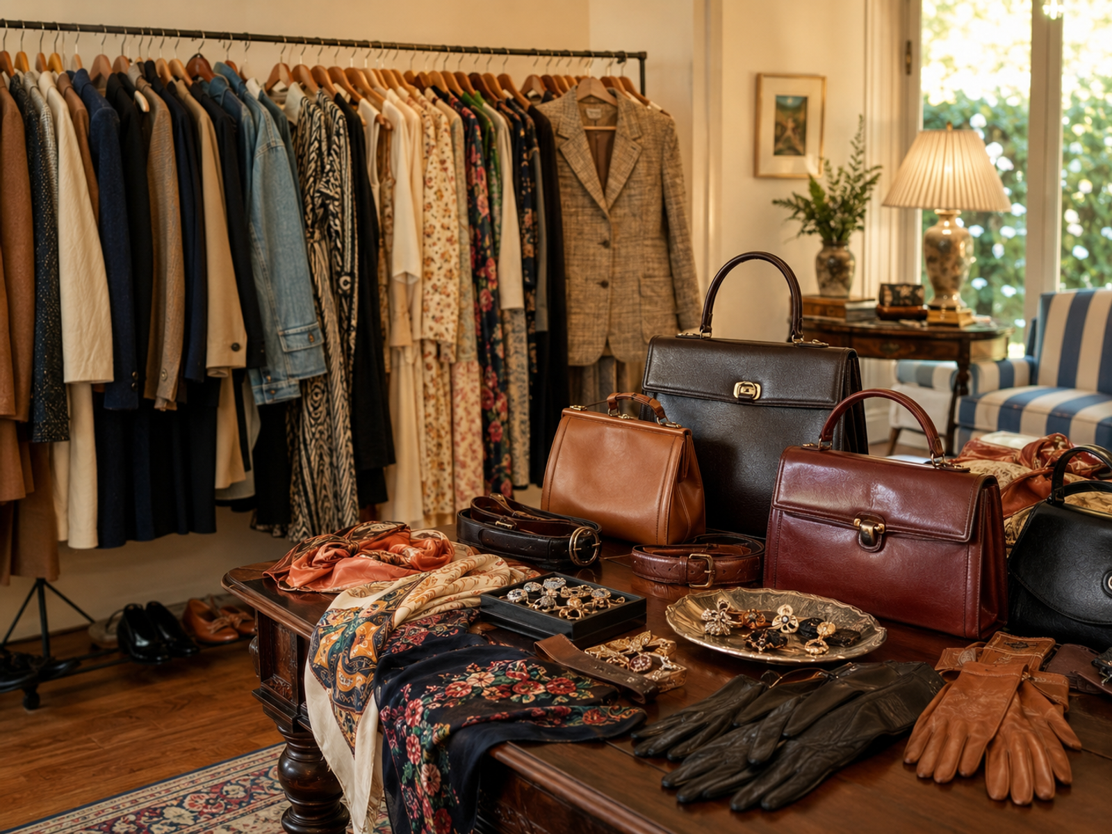 Vintage clothing and accessories staged in a warm Los Angeles estate sale room, featuring a rack of coats, dresses, blouses, and denim alongside leather handbags, scarves, belts, gloves, and jewelry on a wooden table, with a blue-and-white striped chair subtly visible in the background.
