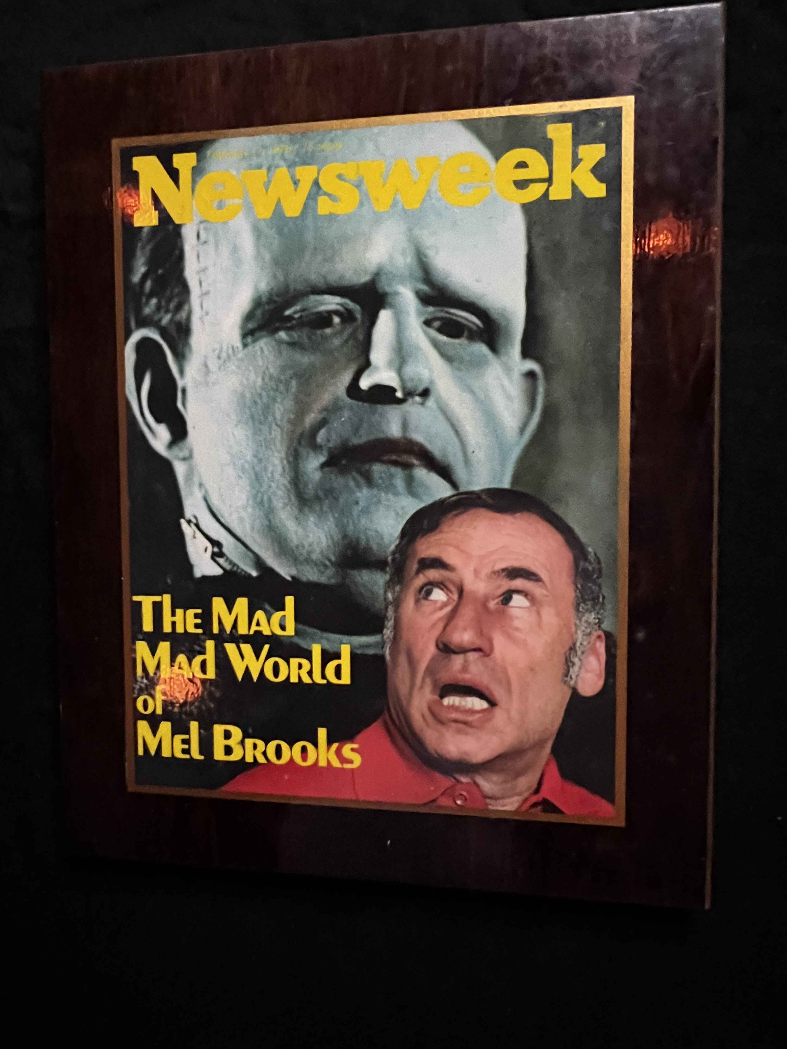 Framed Newsweek Mel Brooks cover art with Frankenstein image from a Hancock Park celebrity estate sale featuring Hollywood memorabilia and entertainment collectibles.
