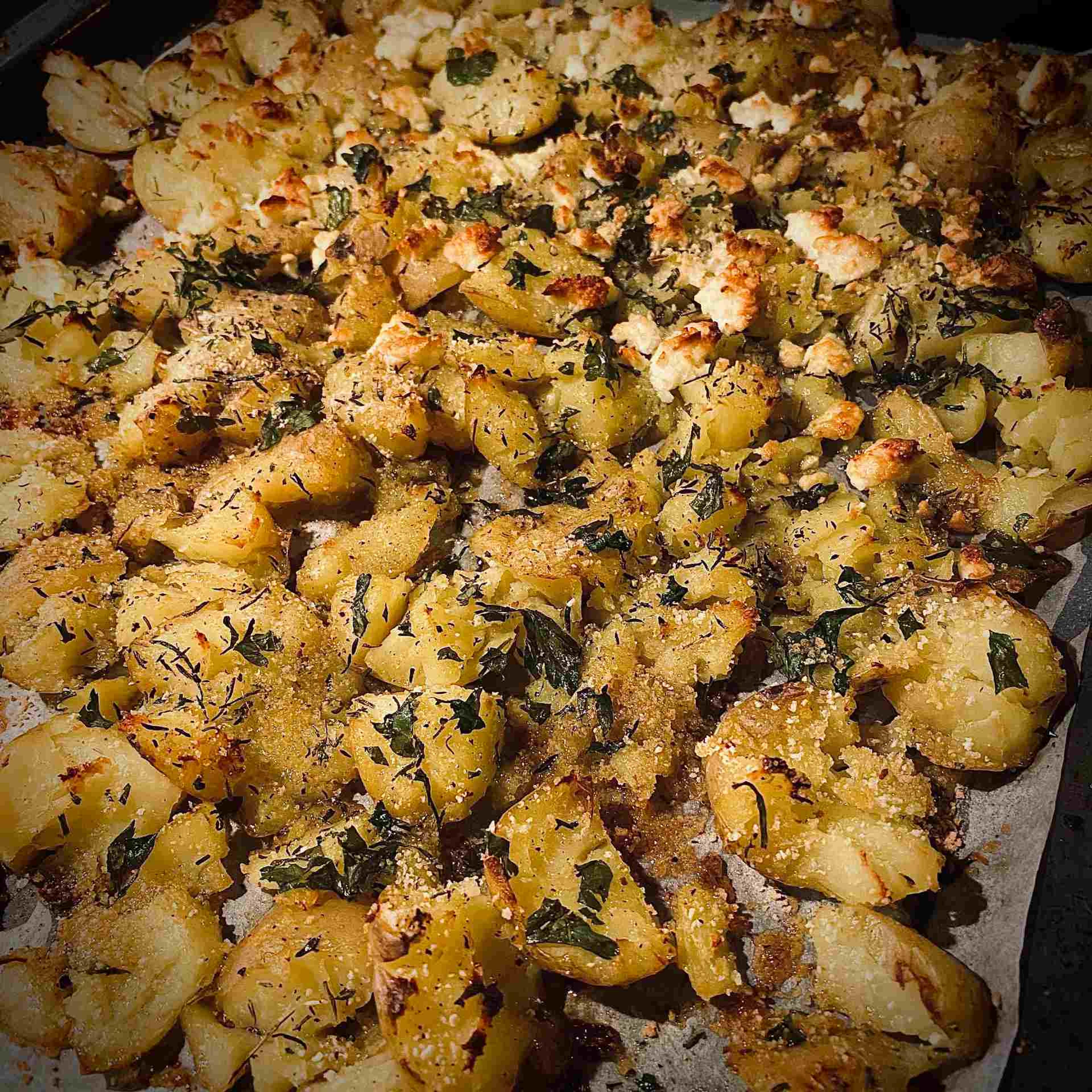 Smashed potatoes på en plåt
