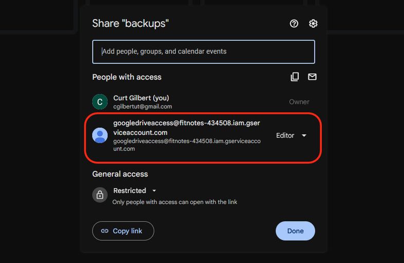 Screenshot of sharing of Google Drive folder with the Service account