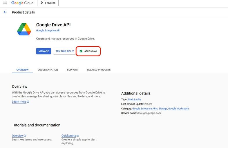 Screenshot of enabling the Google Drive API in the Google Cloud Console.