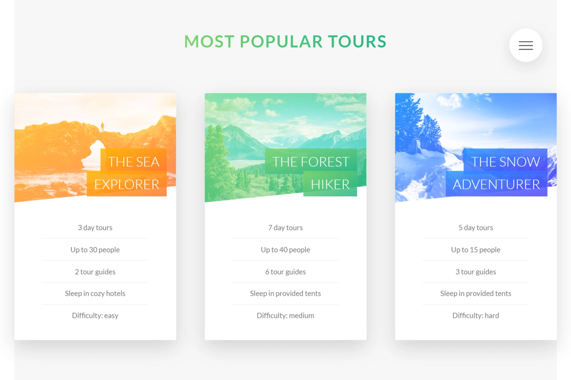 Pricing section for each tour. The options are forest, sea and snow.