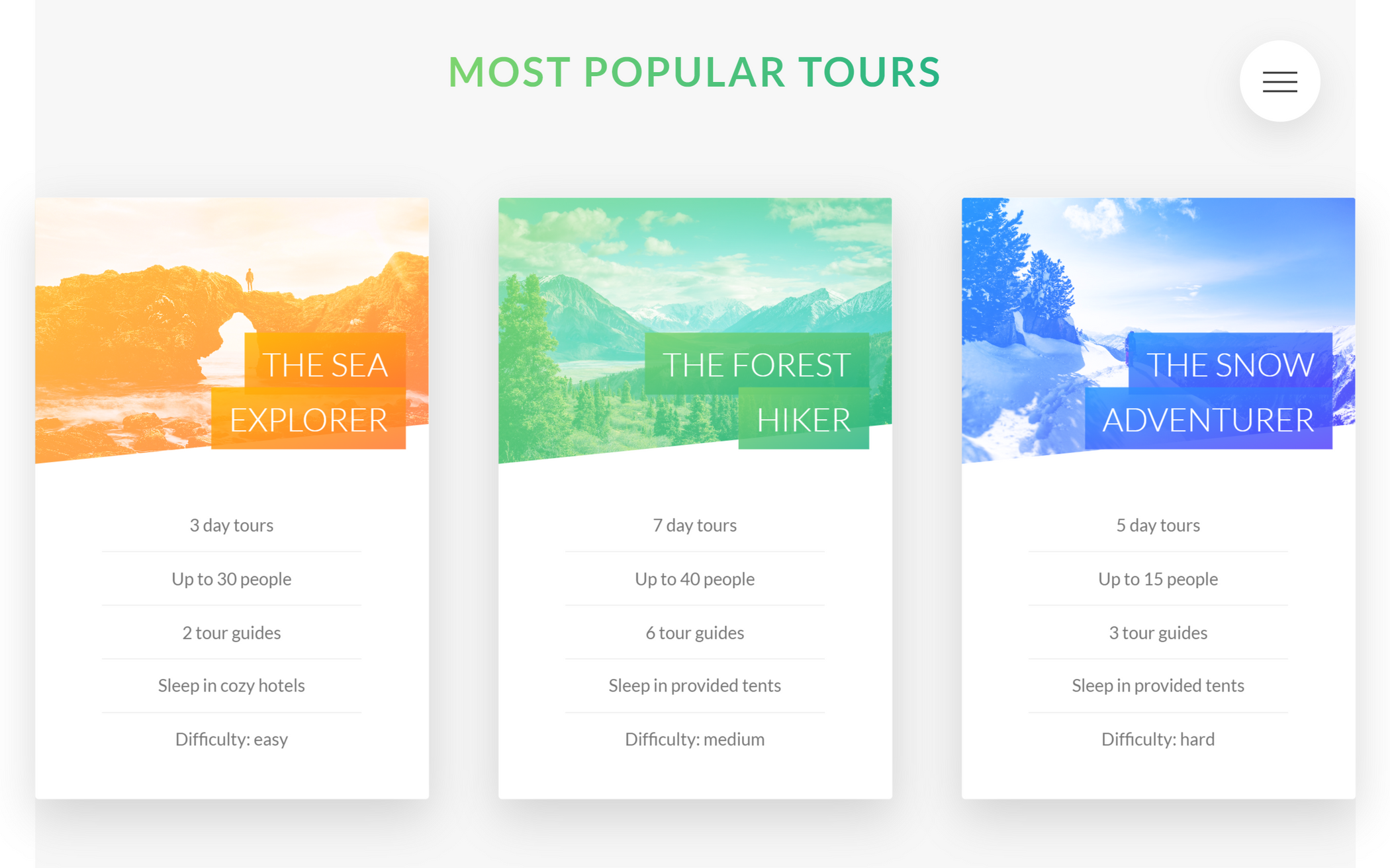 Pricing section for each tour. The options are forest, sea and snow.