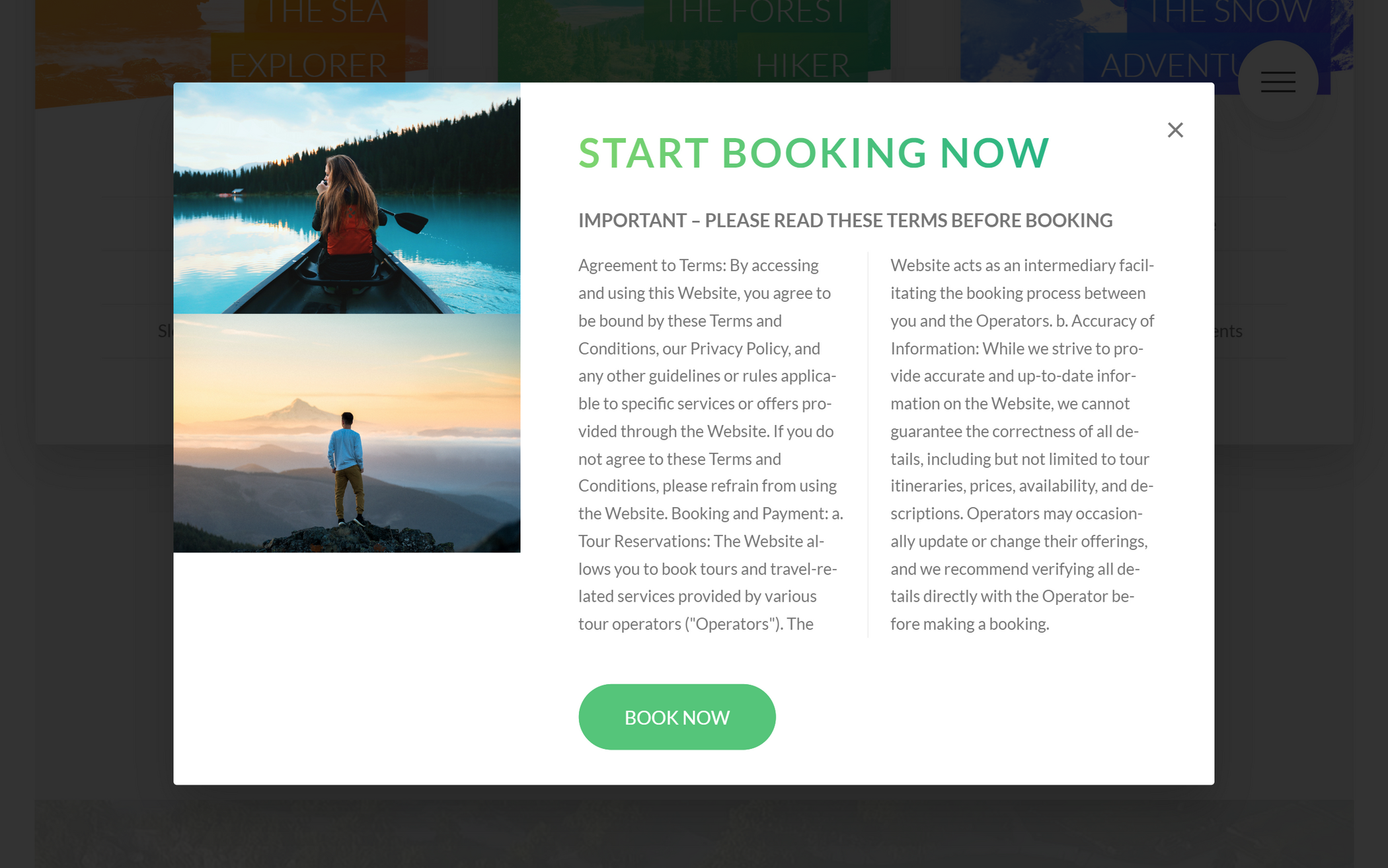 Image of a popup on the website with a blurred background. This popup pops when you select a tour from the previous section. It describes the tour briefly.