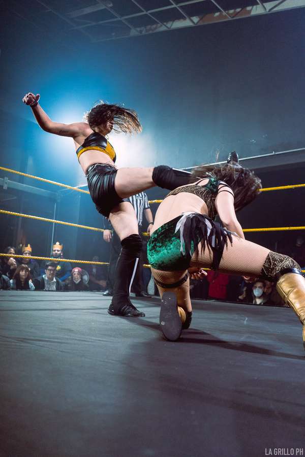 Riley dando una patada en la cabeza a su rival
