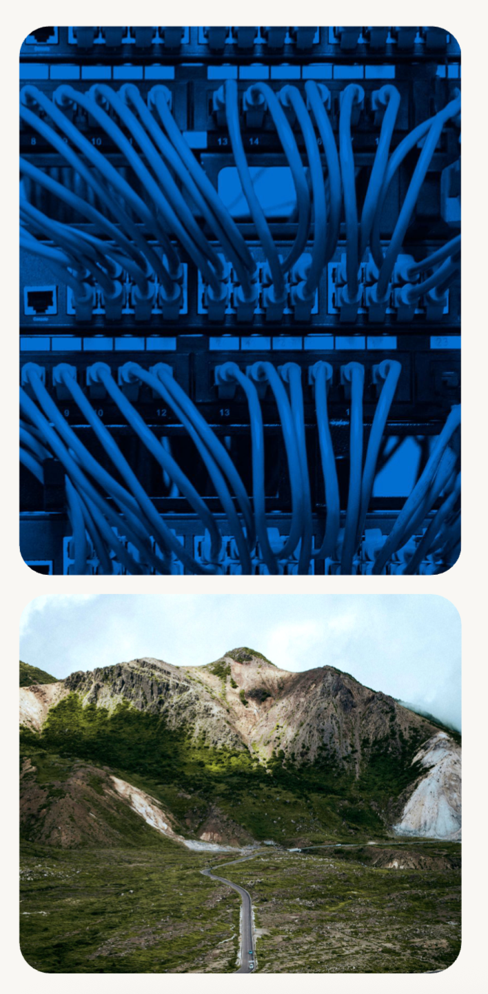 Blue-toned image of dense cabling paired with a mountain road